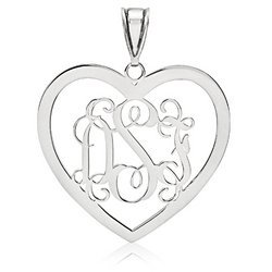 Heart Shaped Vine Script 3 Letter Monogram Cut Out Pendant