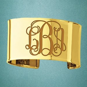 14K Yellow Gold Fancy Cuff Monogram Bangle Bracelet