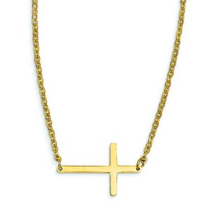 Stainless Steel Yellow Plated Sideways Cross 18in Necklace