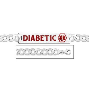 Sterling Silver Medical ID Diabetic Bracelet w  Curb Chain W  Red