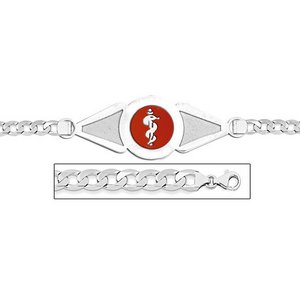 Sterling Silver Medical ID Bracelet w  Curb Chain W  Red Enamel