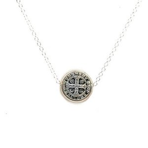   My Saint My Hero   Petitie Benedictine Cross Silver Tone Medal w  18  Chain