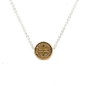   My Saint My Hero   Petite Benedictine Cross Gold Tone Medal w  18  Chain