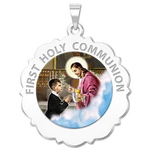 First Holy Communion Scalloped Round Religious Medal  Boy   Color EXCLUSIVE 