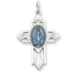 Sterling Silver Miraculous Religious Medal Cross Pendant w  Epoxy Resin