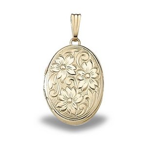 Solid 14K Yellow Gold Floral Oval Photo Locket