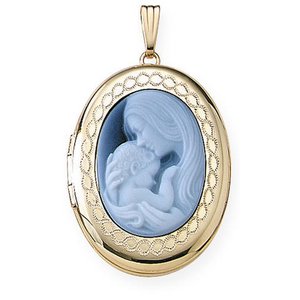 Solid 14K Yellow Gold Oval Mother   Child Cameo Locket