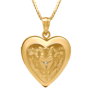 14K Gold Filled Floral Heart Photo Locket with Diamond