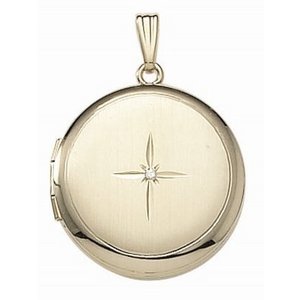 Solid 14k Yellow Gold Round Photo Locket with Diamond