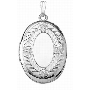 14k White Gold Floral Oval Photo Locket