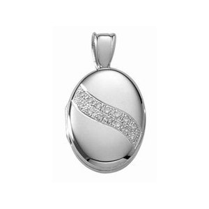 14k White Gold Premium Oval Photo Locket with Diamonds