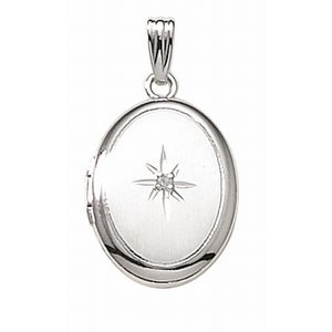 14k White Gold Small Oval Photo Locket with Diamond