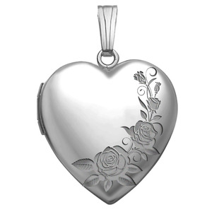 14K White Gold Roses Heart Photo Locket