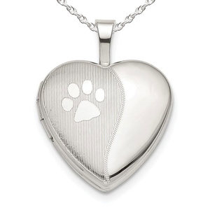 Sterling Silver Polish and Satin Paw Print Heart Photo Locket