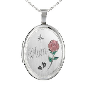 Sterling Silver Mom Floral Oval Photo Locket