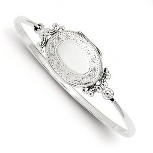 Sterling Silver Decorative Border Bangle Bracelet Oval Photo Locket