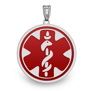 Sterling Silver Medical ID Round Charm or Pendant with Red Enamel