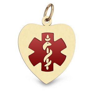 14K Yellow Gold Medical ID Round Charm or Pendant with Red Enamel