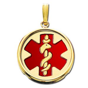 14k Yellow Gold Medical ID Round Bezel Frame Charm or Pendant with Red Enamel