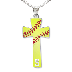 Softball Stitch Enameled Cross Pendant w  Number