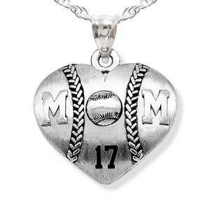 Sterling Silver Heart Shaped Mom Baseball Pendant w  Number   Chain