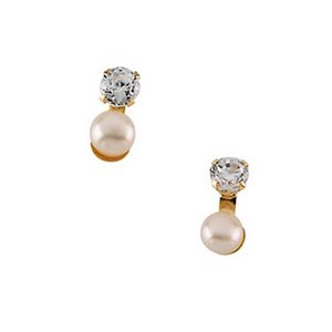 14K Yellow Gold Children s Button Earring W Pearl And CZ