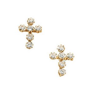 14K Yellow Gold Children s Cross Earring W Cubic Zirconia