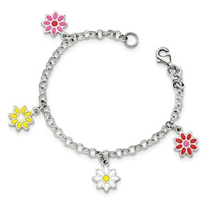 Sterling Silver Childrens Enameled Flower Charm Link Bracelet