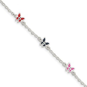 Sterling Silver Childrens Enameled Butterfly Charm Link Bracelet