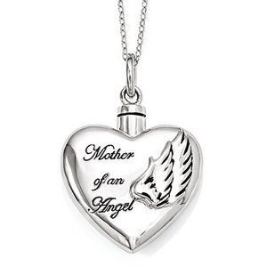 Sterling Silver Enameled Mother of an Angel Heart Cremation Ash Holder w  18 Inch Chain