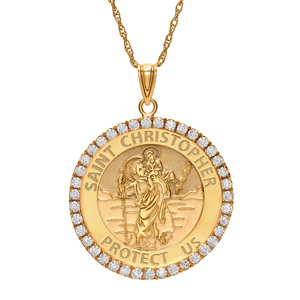 Large Saint Christopher Diamond Round Religious Medal    EXCLUSIVE 